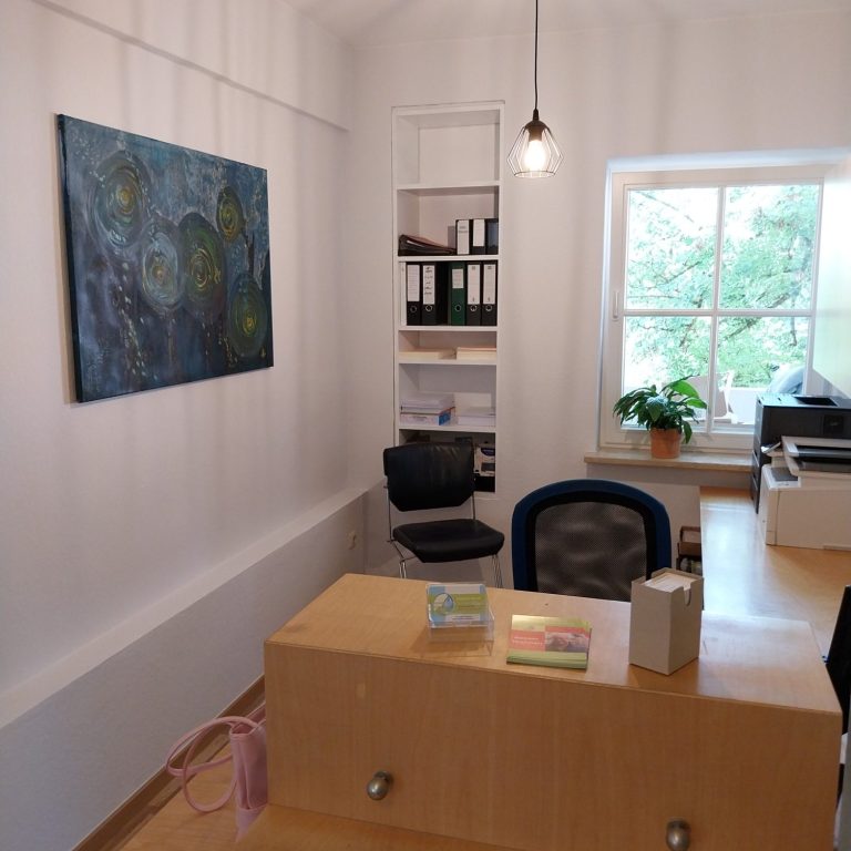 Nach einer Feng Shui Beratung in der Arztpraxis Heller Bürobereich mit Schreibtisch, Stuhl, Regalen und Fenster mit Pflanzen.
