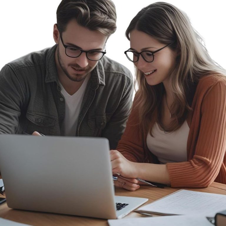 Energetisches Mentoring in München Junges Paar mit Brillen blickt auf einen Laptop und diskutiert am Tisch.