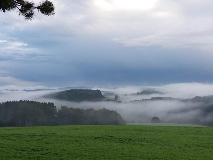 Kundenstimmen zur Feng Shui Beratung Mystische Landschaft mit Hügeln und Nebel unter einem bewölkten Himmel.