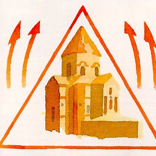 Warnzeichen für eine Kirche mit orangefarbenem Dreieck und Anzeichen von Wärme.