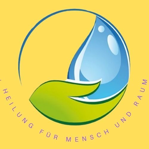 Tropfenlogo mit grünem Blatt, Symbol für Heilung und Natur.