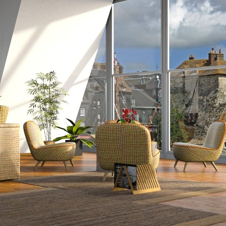 schönes Feng Shui im Loft Heller Wohnraum mit modernen Möbeln, Pflanzen und Fensterblick auf die Stadt.