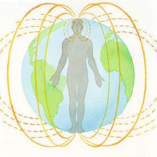 Menschliche Silhouette umgeben von Energie- und Magnetlinien vor einer Weltkugel.